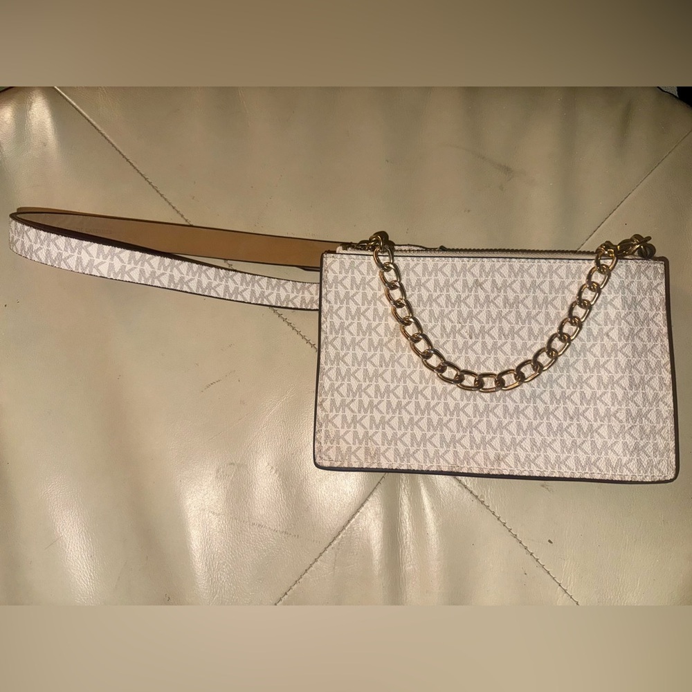 Michael Kors Tan and White Crossbody Bag with Chain Detail